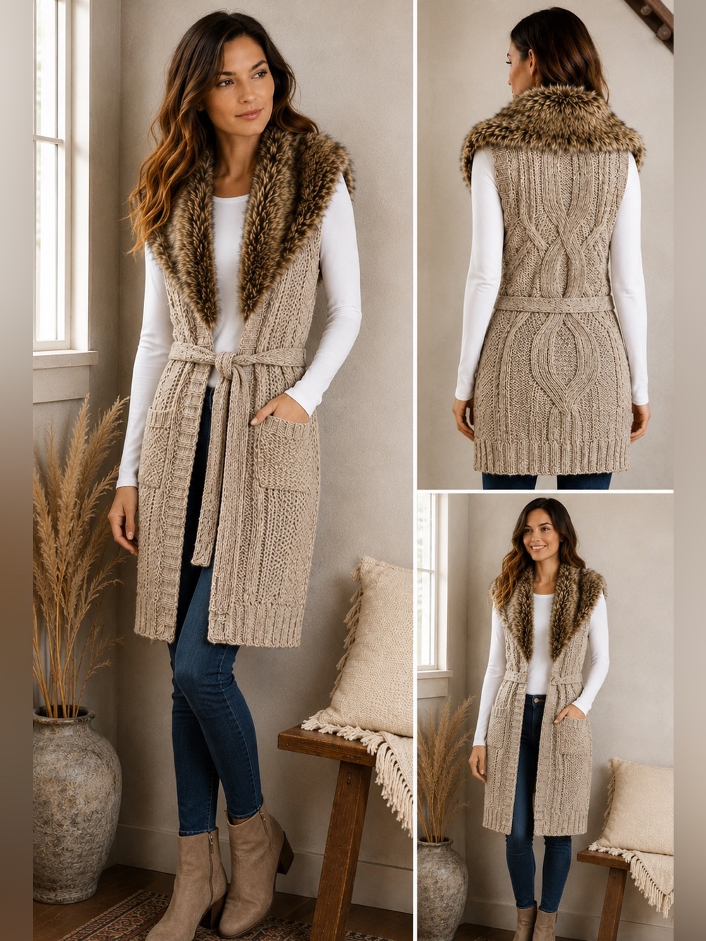 Anthropologie Angel of the North Faux Fur Belted Sweater Cardigan Size Medium